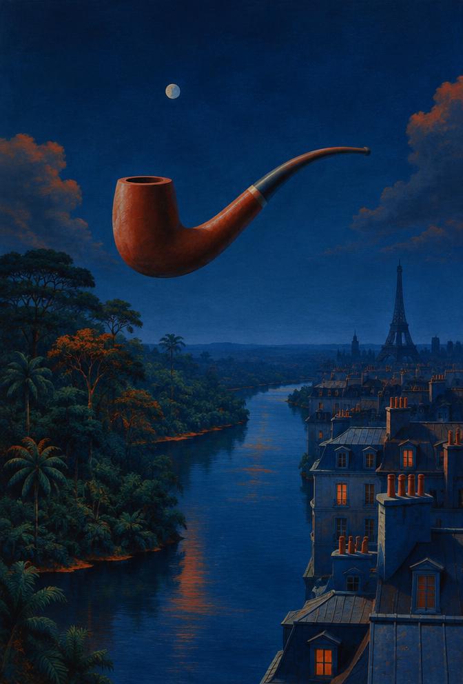 Cachimbo flutuando sobre um rio entre a floresta e Paris